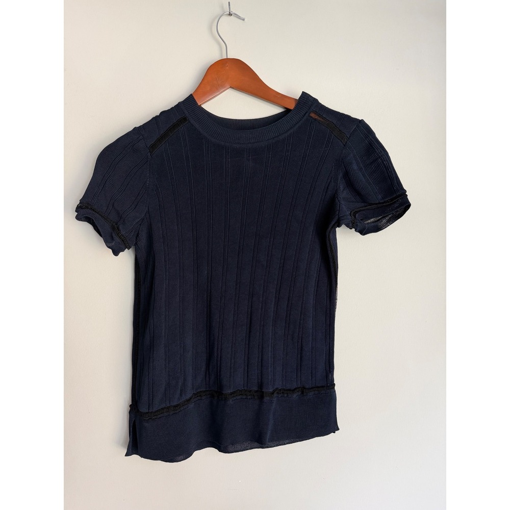 Rag & Bone Navy Blue Ribbed Knit Short Sleeve Top Mesh Trim Small